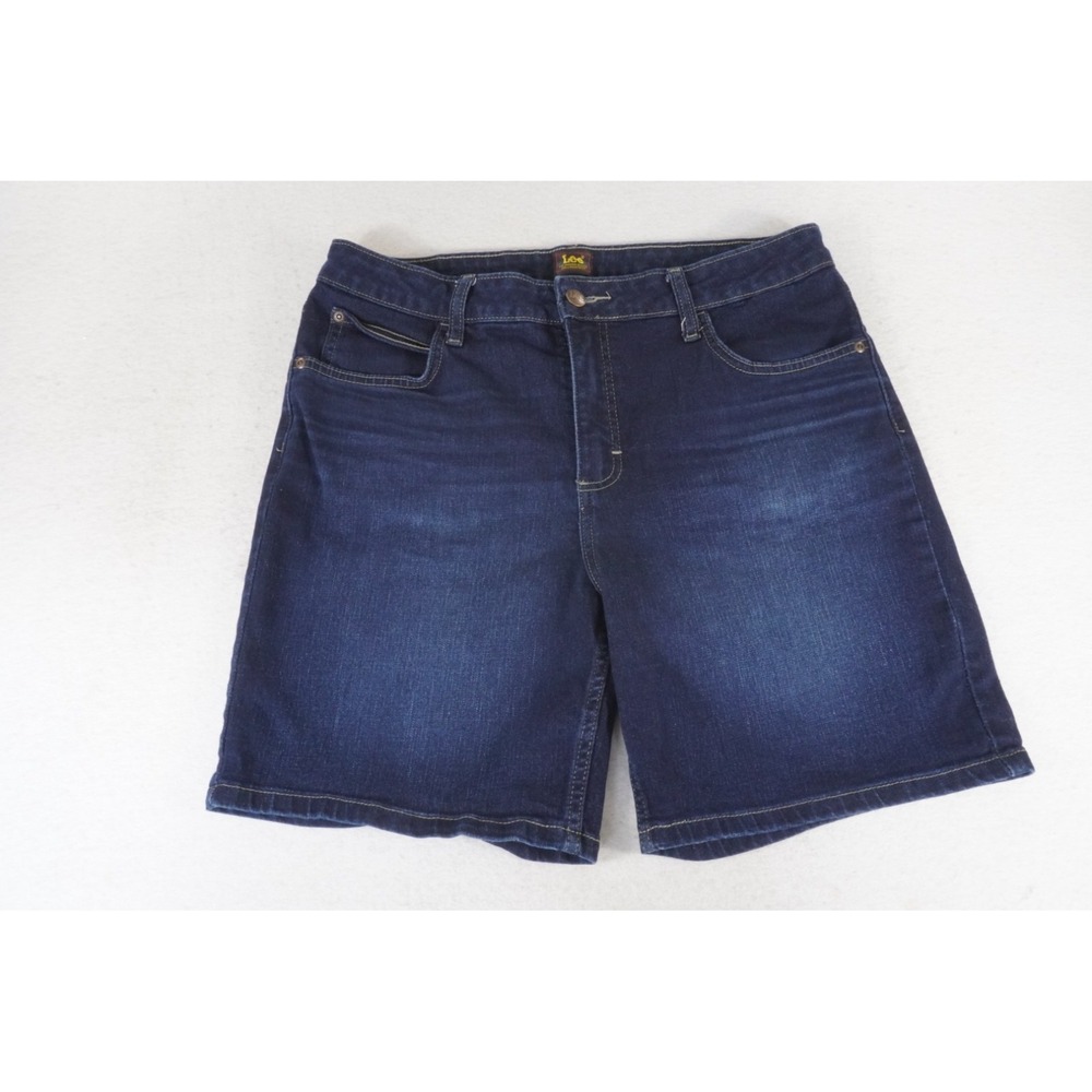 Lee Bermuda Shorts Womens 14 Blue Denim Dark Wash Cotton Stretch Mid Rise Cuffed